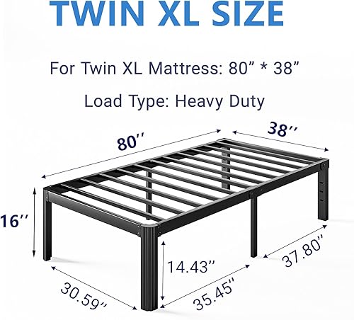 Miniatura 54 de Marco de cama de metal de alta resistencia de 16 pulgadas, marco de cama de plataforma tamaño matrimonial, no necesita somier, sin ruido, fácil