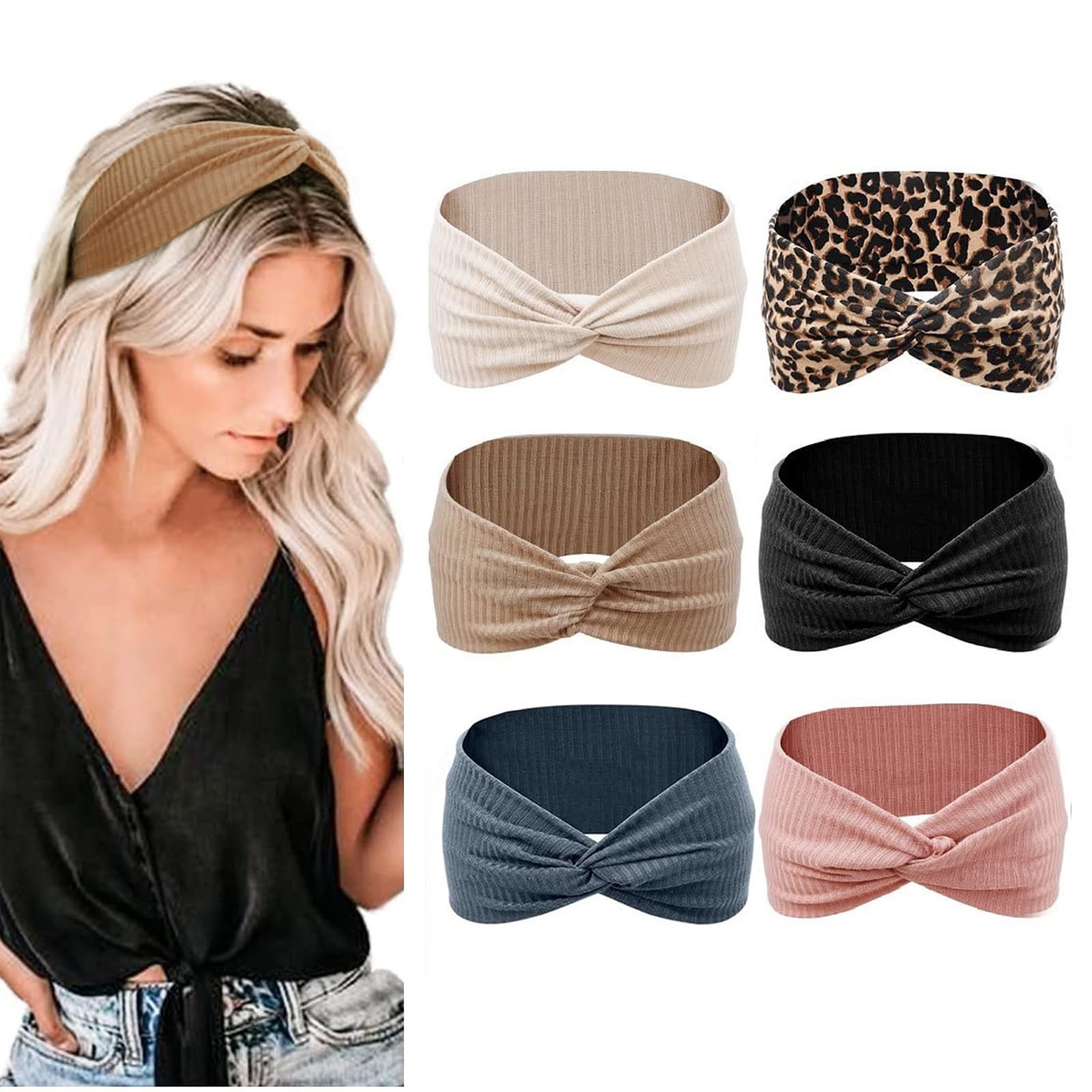 6 Stück Gestrickte Haarband Damen, Mehrfarbig Breites Haarbänder, Stirnband Sport für Fitness Yoga Laufen Workout, Breites Elastisches Stirnband für Damen und Mädchen