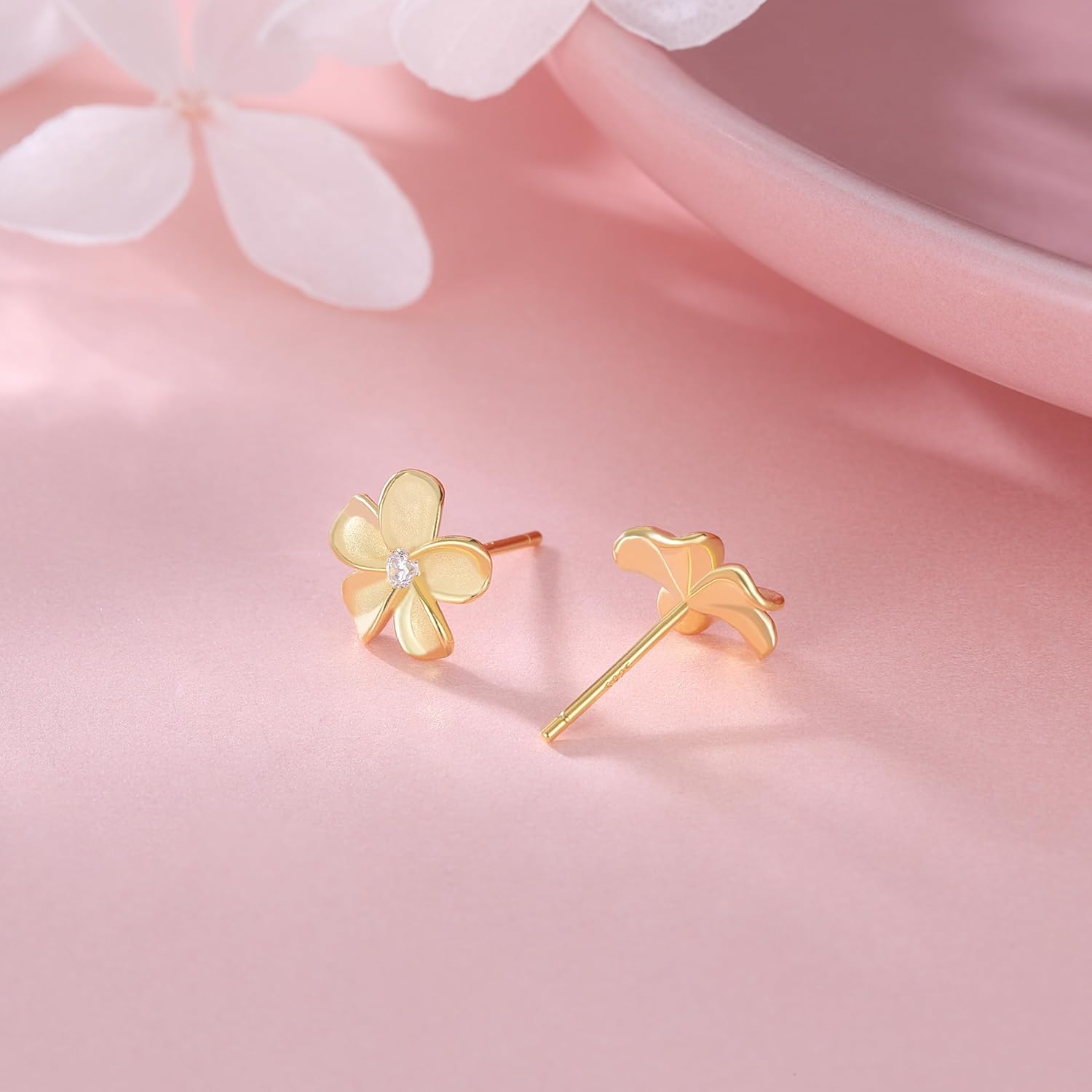 Reffeer Solid 925 Sterling Silver Plumeria Flower Stud Earrings for Women Teen Girls Crystal Flower Stud Earrings - Image 6