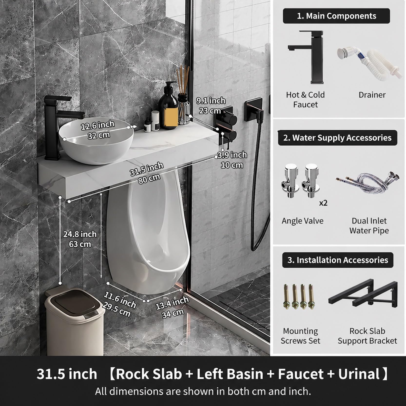 Pisuar męski montowany na ścianie z górnym zlewem do przechowywania, oszczędzający miejsce design 2 w 1, do małych łazienek i pomieszczeń proszkowych