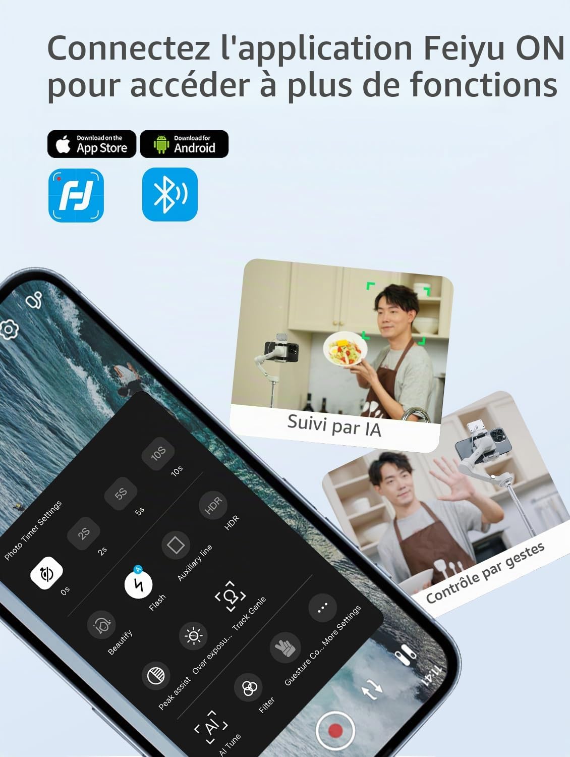 FeiyuTech Vimble 4 Stabilisateur Smartphone,Suivi 4.0 AI,Stabilisateur iPhone Pliable à 3 Axes pour VLOG,Reels,Youtube&TikTok,Live Stream,Compatible iPhone/Android,Barre d'extension Intégrée