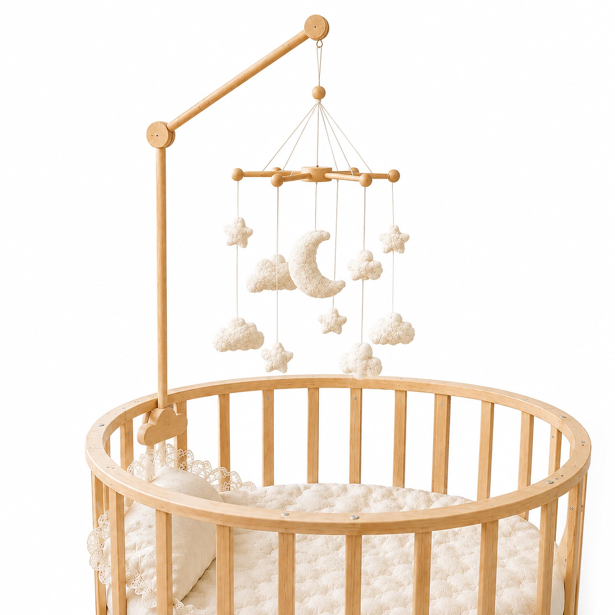 MOOGCO Crib Mobile Arm with Boucle Moon Cloud Star Mobile, 35.4 Inch Wooden Baby Holder Set, Cloud Clamp, Only Wood Touches Your Crib, Handmade, Natural
