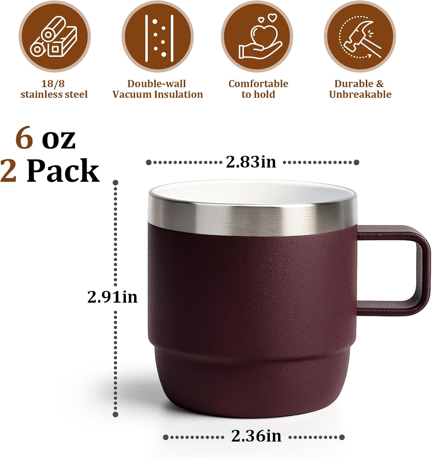 Zenbo 6 oz Espresso/Coffee Mug with Handle, Double Wall Vacuum Insulated 18/8 Stainless Steel Ceramic Lined Cups, Coffee, Tea, Hot & Cold Drinks, No Sweat, Dishwasher Safe(Wild Vine Red-2Pack) - Image 4