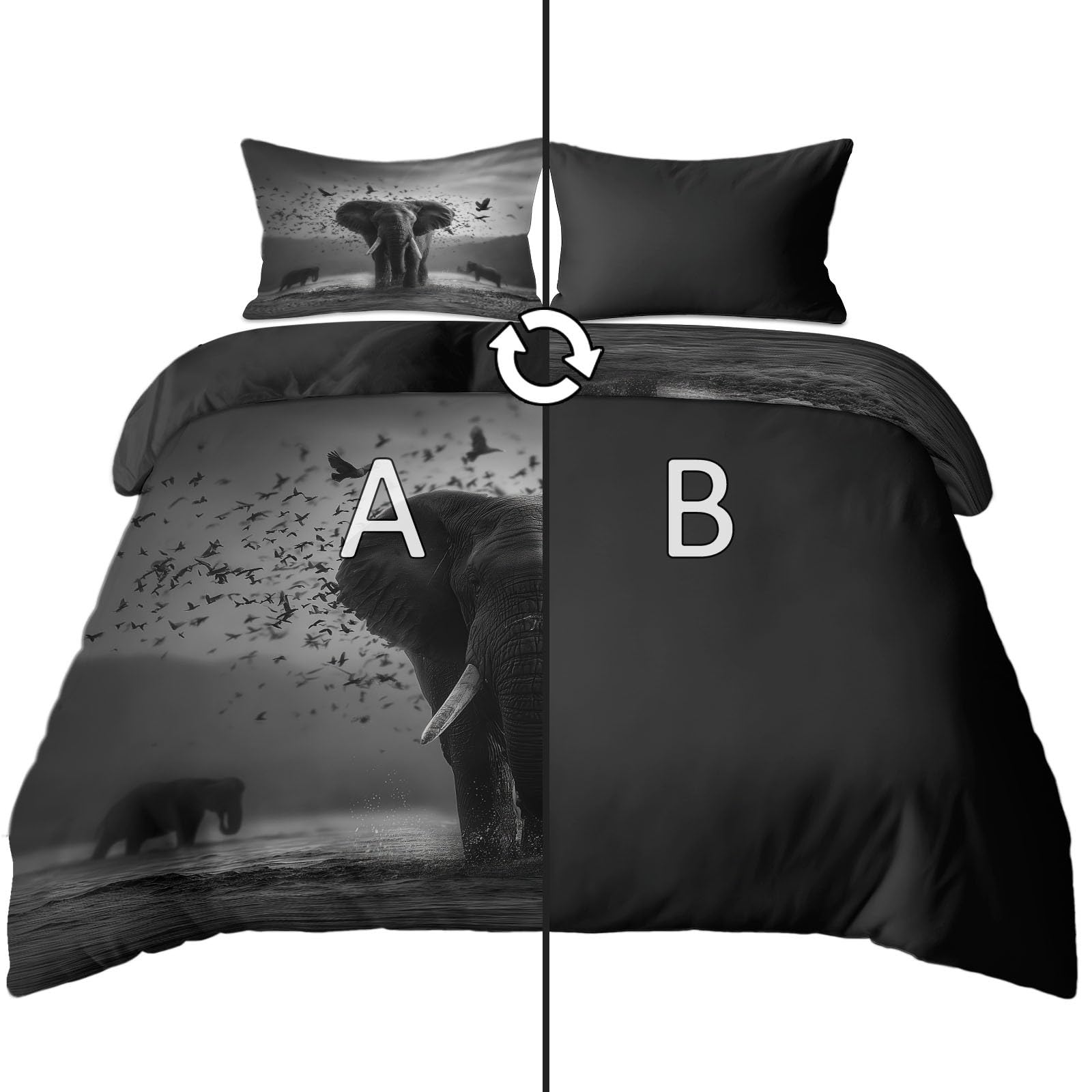 Housse de couette 220x240cm idée cadeau parure de lit surréalisme éléphant noir 3 pcs