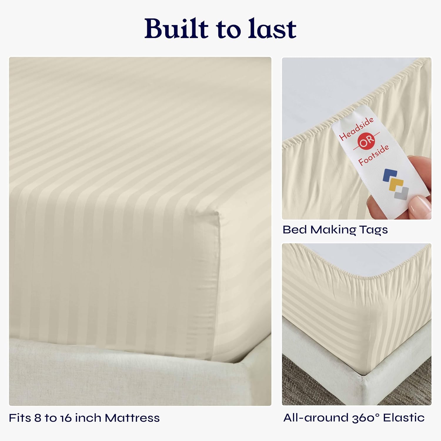 California Design Den 4 Piece King Size Sheet Set - 100% Cotton 500 Thread Count Sateen, Deep Pocket Bed Sheets with Fitted Elastic Sheet, Soft Luxury - Striped Ivory - Image 4