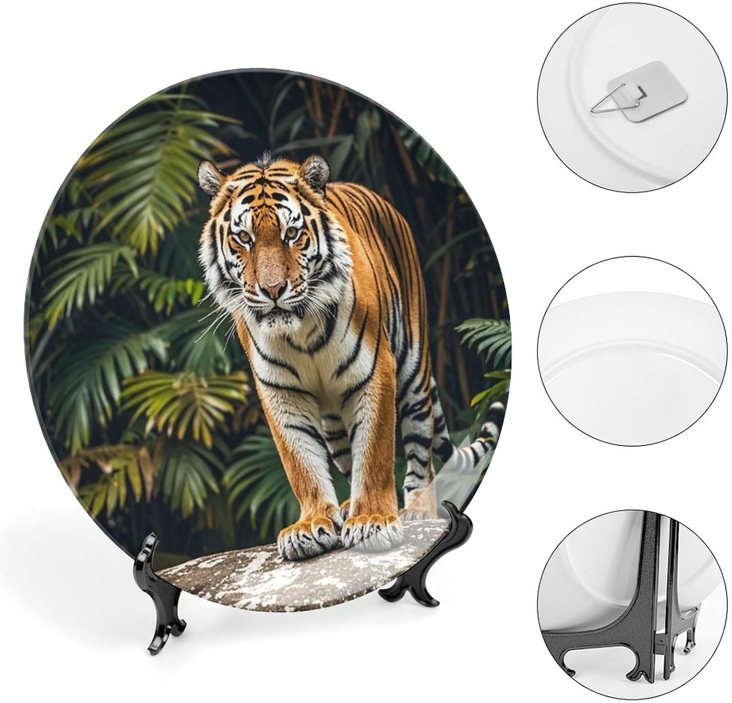 Tiger on A Boulder in The Jungle Bone China Decorative Plate with Display Stand, Ceramic Ornaments Plate for Wall Hanging, Personalized Porcelain Plates for Office, Living Room 8inch
