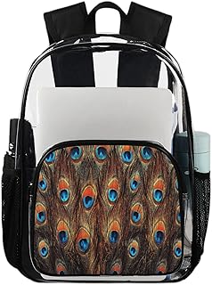 Mochila transparente de penas de pavão, mochila transparente impermeável de pavão aquarela mochila transparente de PVC com alça de ombro reforçada para escola, trabalho, viagens, Multicor