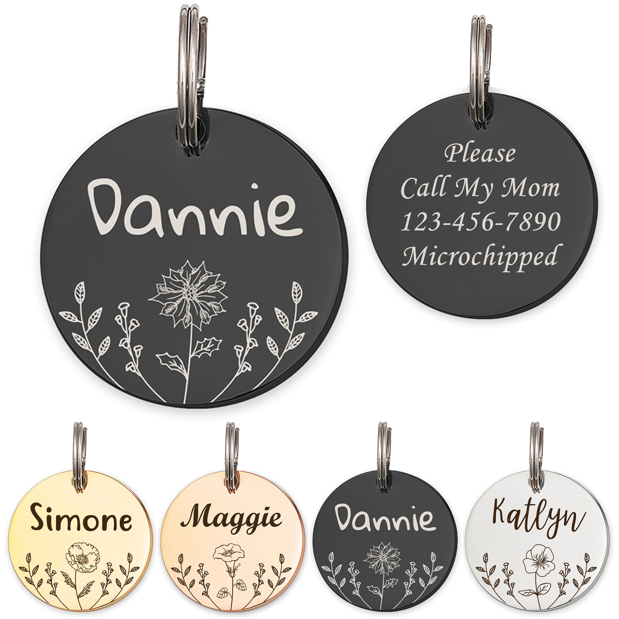 Anavia Floral Pet ID Tags, Birth Month Flowers Theme Dog Tag Round Bone Shape Cat Name Tag, Glossy Stainless Steel Gold Plated Dog Collar Tag (Round - Flower Field - Black, Medium)