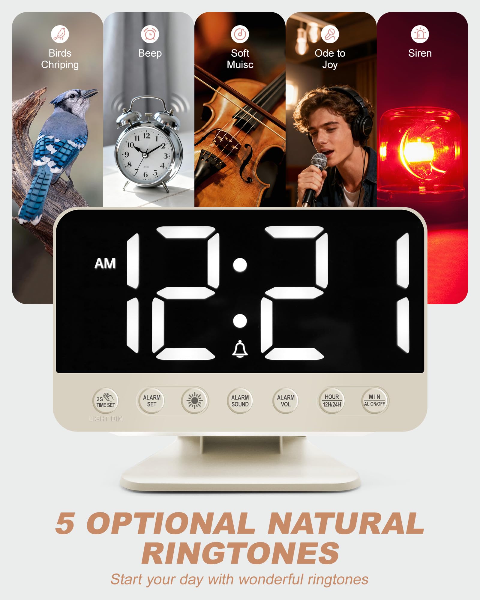 Reloj despertador digital para mesita de noche: reloj despertador fuerte para personas que duermen mucho, repetición, puerto USB, brillo/volumen ajustable, alimentación de red, 12/24 horas