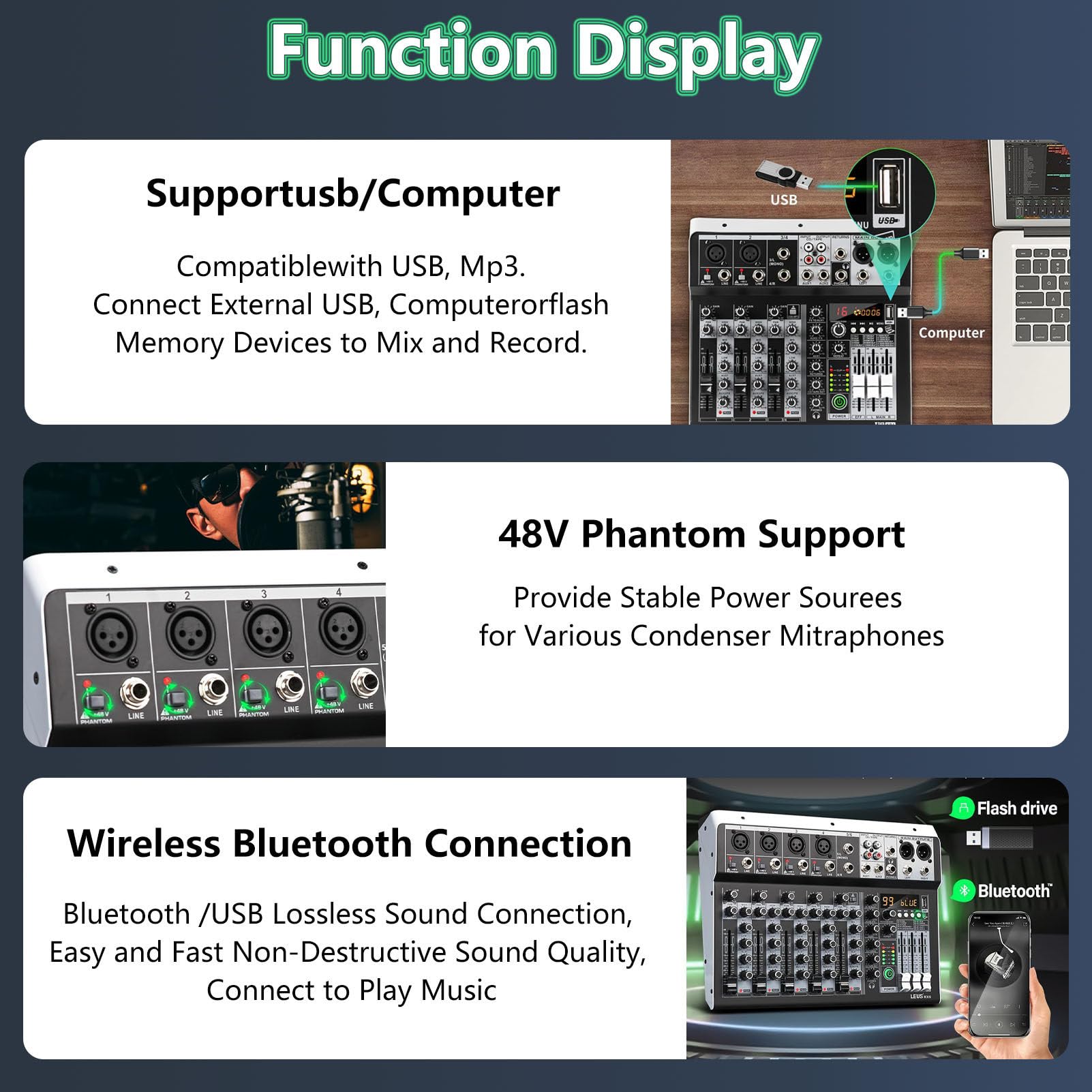 Mezclador de Audio Profesional, Mesa de Mezclas de música Profesional, Mezclador de DJ, con Efecto de retardo de Eco Bluetooth USB Digital de 5 Canales, para grabación en PC. 6-Channel