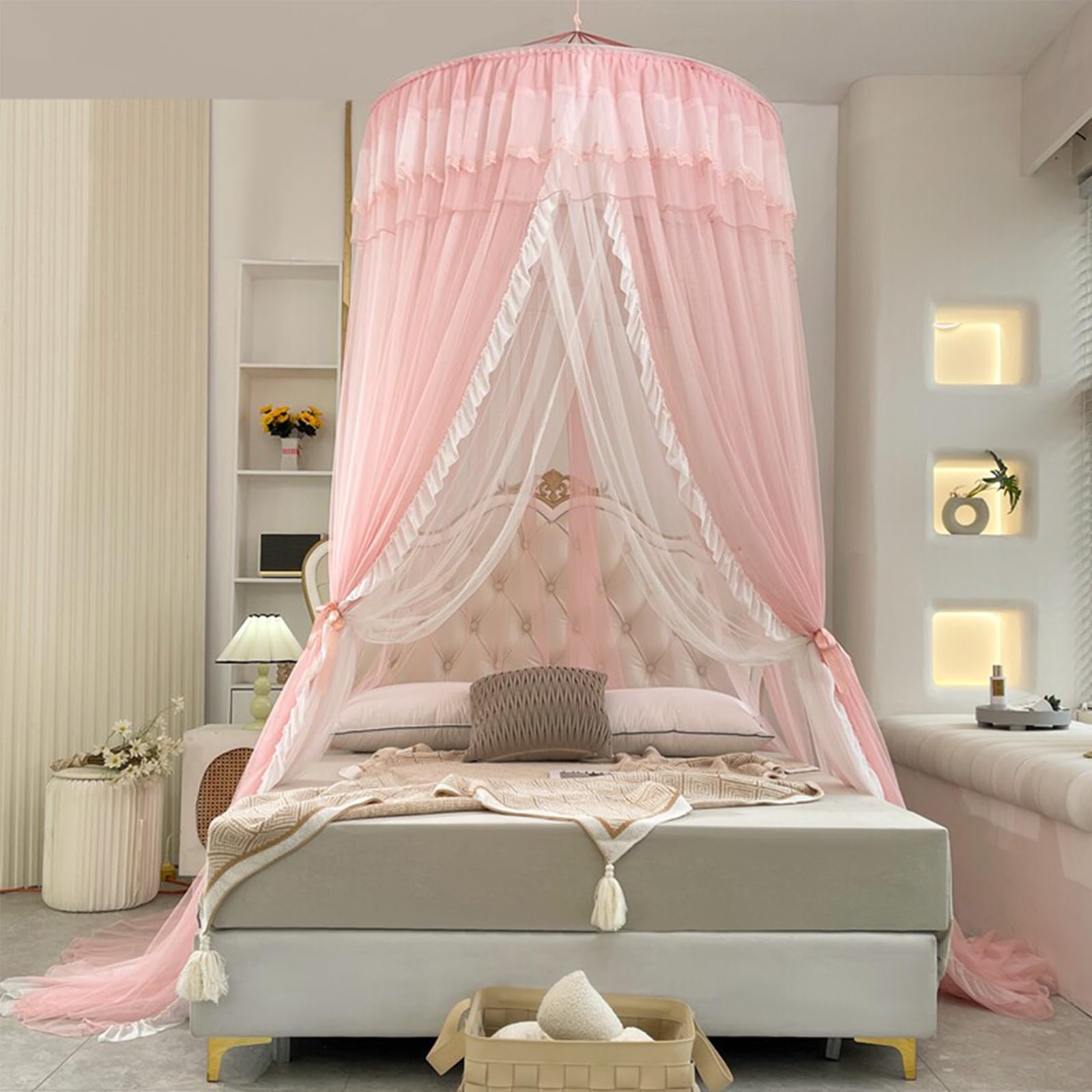 SARKEY Transparenter Netz Kuppel Bettvorhang,Hängende Bettnetzabdeckung Für Schlafzimmer,Prinzessinnen Baldachin,luxuriöse Spitze,Erwachsene,Hochzeit Dekoration(Lotus Root pink)