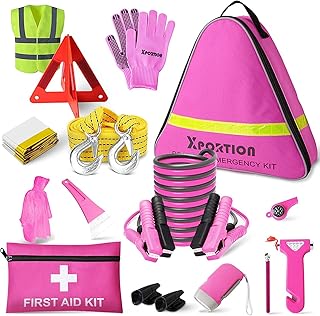 Car Emergency Kit, Roadside Emergency Car Kit, Roadside Assistance Kit for Teen Girls and Lady's Gifts with Jumper Cables,Tow Rope,and More Ideal Pink Accessories Tool（15Pcs）