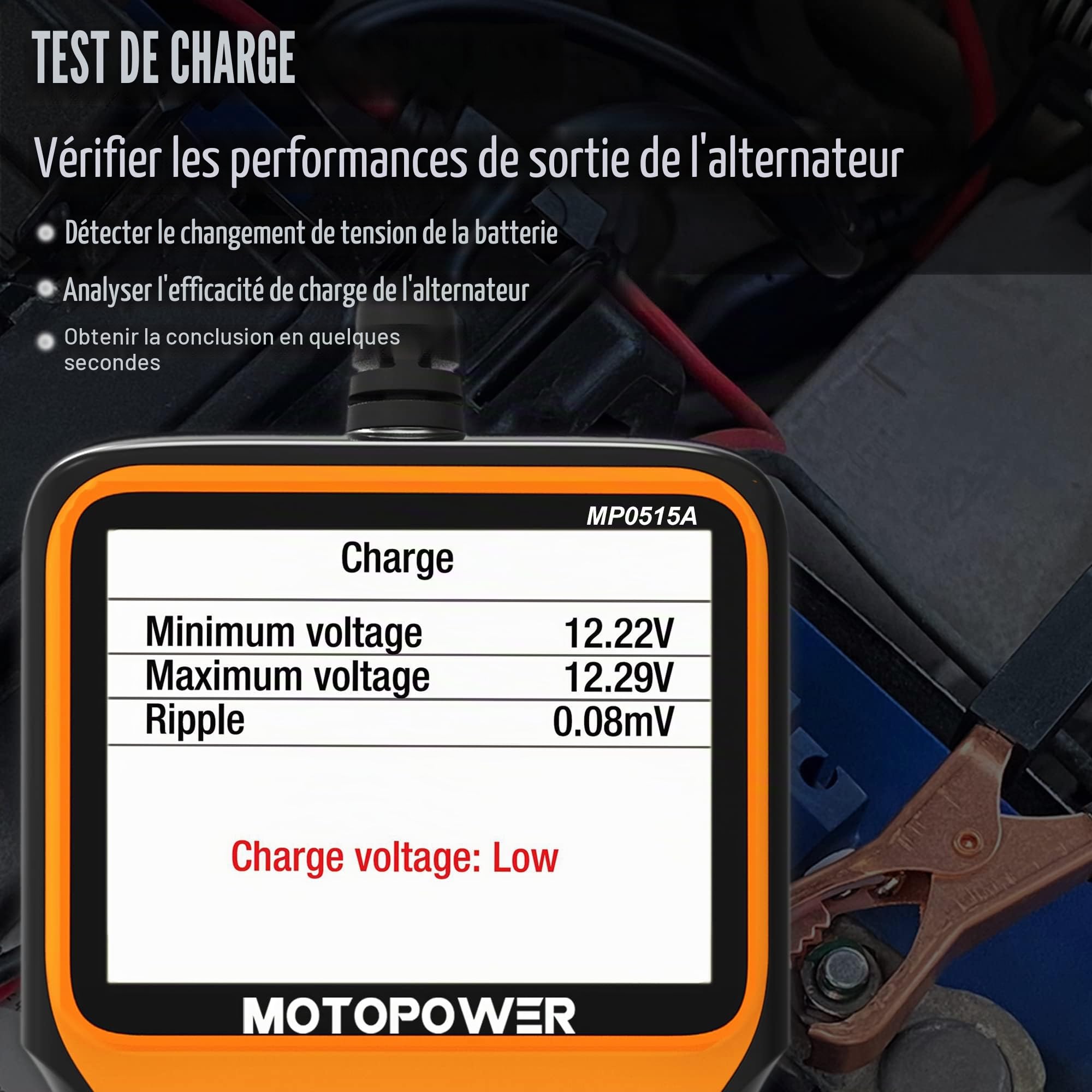 MOTOPOWER MP0515A Testeur de charge de batterie de voiture de 12V 100-2000 CCA, Test du système de charge, Analyseur alternateur
