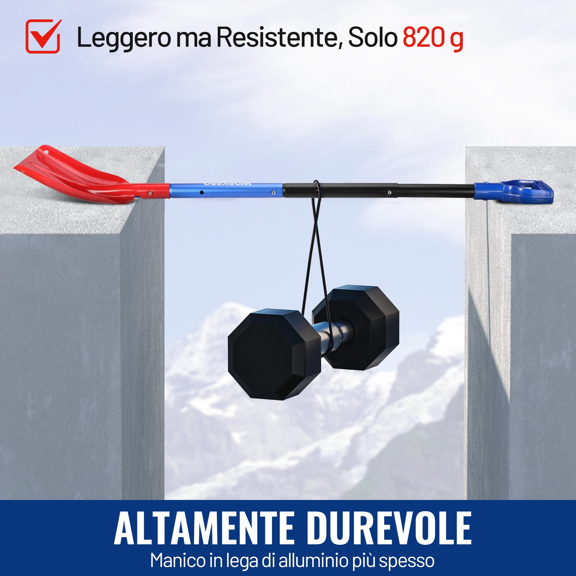 WORKPRO Pala da neve telescopica 66,5-120cm, Pala per la neve portatile staccabile in alluminio con borsa di stoccaggio, Per rimuovere la neve da vialetti, marciapiedi e cortili