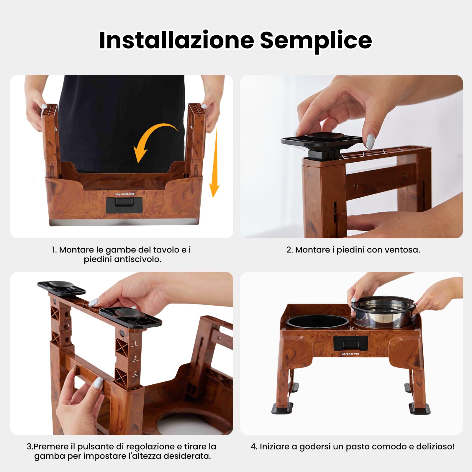 Gardner Pet Set di 2 Ciotole Rialzate per Cani, Colore Legno | Regolabili in 5 Altezze, Ciotola Anti-Ingozzamento, Ciotola Acqua Inox, Supporto Antiscivolo e Antischizzo