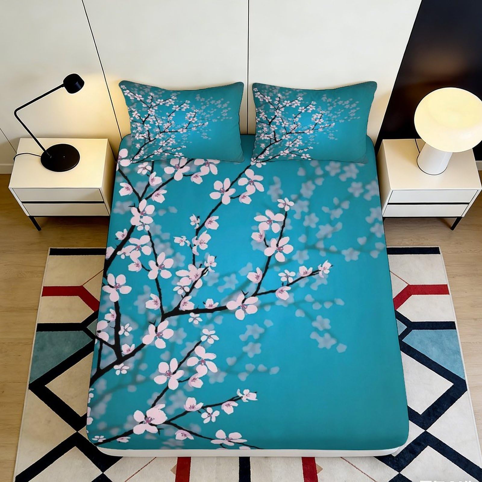 Jqzkxnhpbr Style-5 3D Printed Sakura Blossom Fitted Sheet Microfiber Soft Blue Cherry Branch Bed Cover For Bedroom Dorm Mattress Decor 90X200x25cm