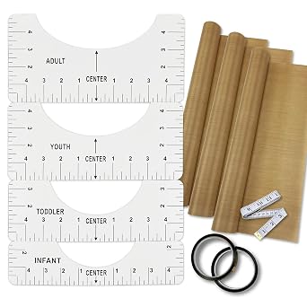 T-Shirt Alignment Ruler Heat Resistant Tape 10mm X 33m 108ft, PTFE Teflon Transfer Sheet 16 x 20-4 Rulers, 2 Rolls Heat Resistant Tape, 3 Packs PTFE Teflon Sheet and 1 Tape Measure Included