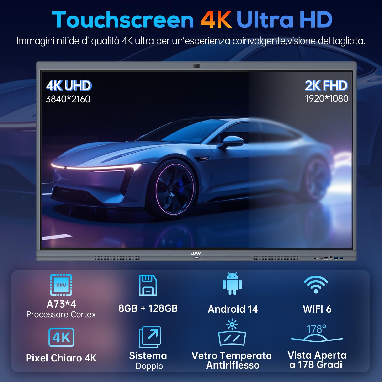 JAV Smart Board 55 Pollici Android 14 Certificazione Google EDLA | 4K UHD Touchscreen 8+128GB Telecamera AI 48MP Integrata Doppio Sistema Lavagna Interattiva Digitale per Ufficio Aula