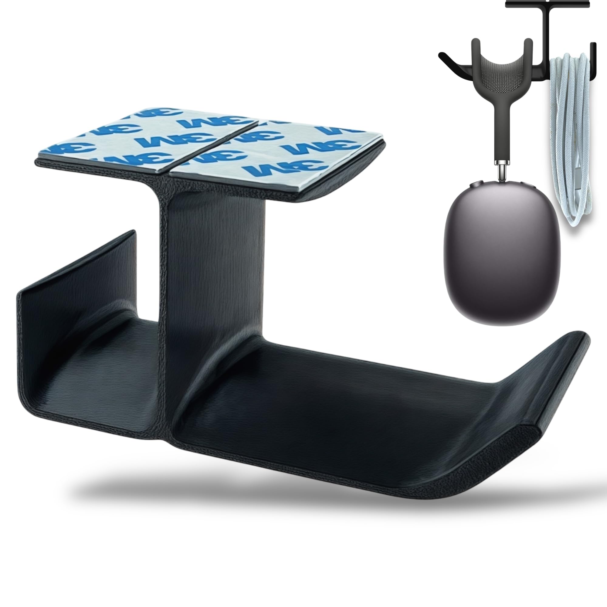 SRS® Under Desk Headphone Stand with Cable Organizer Storage Options | Headphone & Cable Hook Holder Hanger | Stick-ON Adhesive with Surface Cleaning Wipes (Black, Pack of 1)