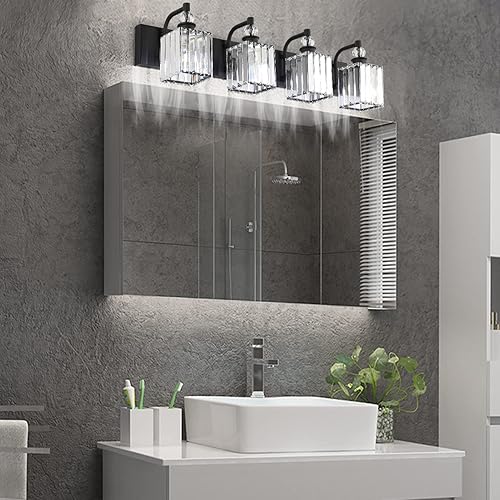 Miniatura 4 de Ralbay Lámpara de tocador de cristal negro, 4 luces de 31.5 pulgadas, modernas lámparas de pared de baño negro mate sobre espejo