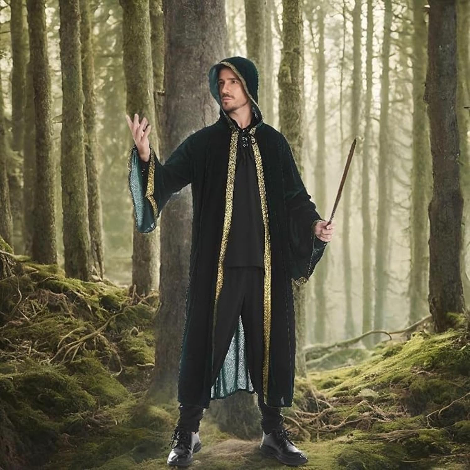 Wizard Robe Cloak with Hood Men Women, Renaissance Fair Costume Medieval Velvet Cape Long Sleeve Halloween LARP