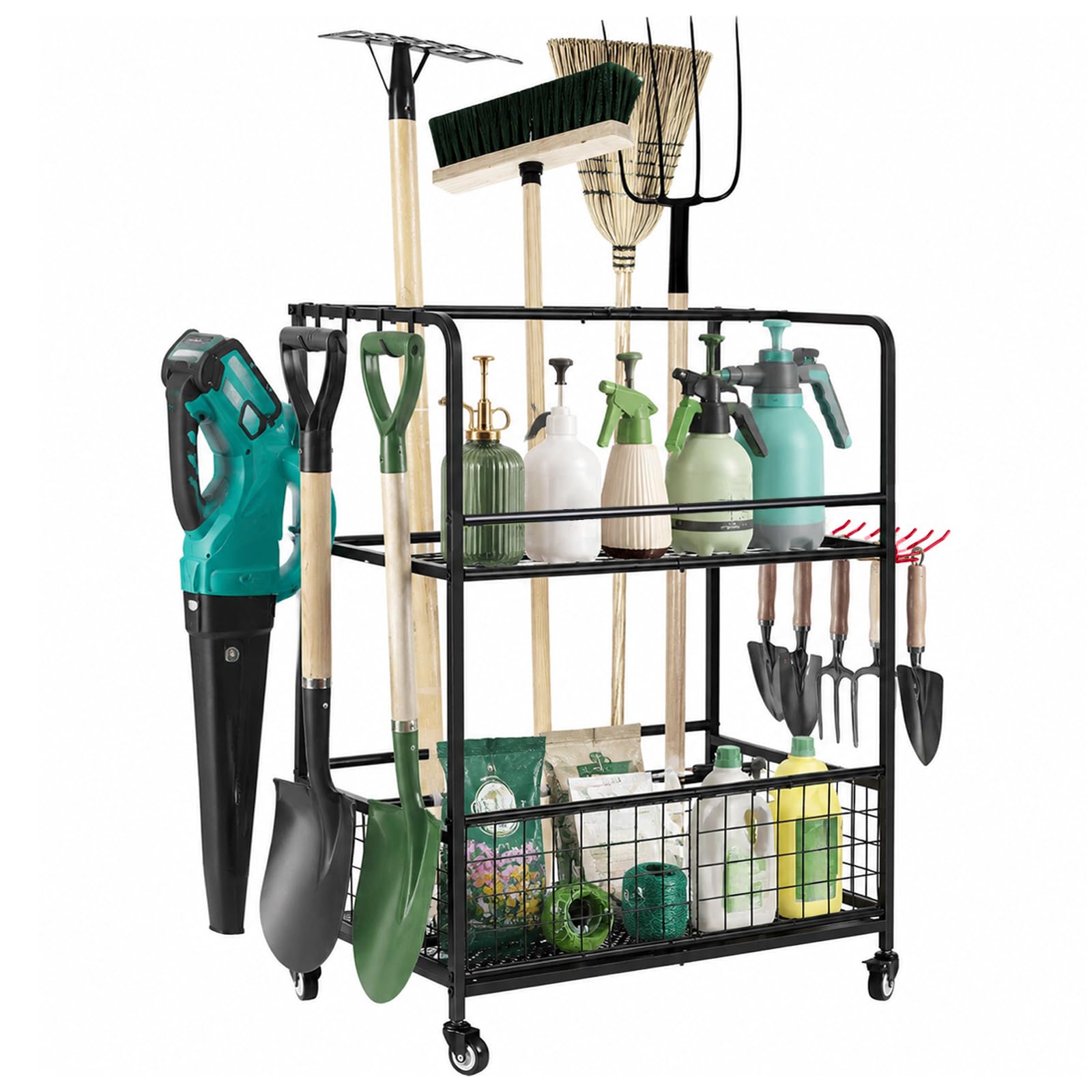 Gartenwerkzeug-Organizer mit feststellbaren Rädern, Garage/Hof-Werkzeugregal