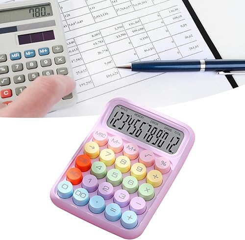 Miniatura 2 de Calculadora mecánica - Pantalla LCD rosa de 12 dígitos, calculadora de llaves inspirada en la máquina de escribir para oficina, escuela, negocios