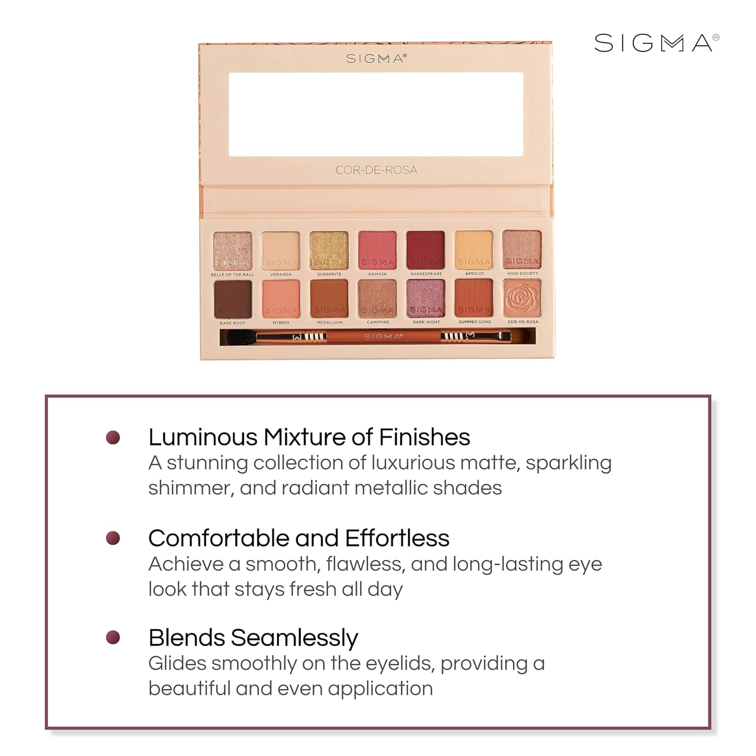 Sigma Beauty Cor-De-Rosa Eyeshadow Palette - 14 Warm Eyeshadow Shades in Matte, Shimmer and Metalic Finishes - Highly Pigmented Vegan Eye Makeup Palette - Clean Beauty Products - Image 2