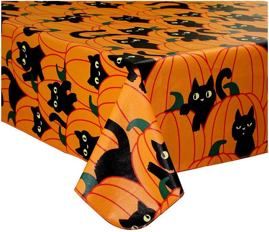 Halloween Tablecloth Vinyl Black Cat and Pumpkin Theme Flannel Back (70 Round)