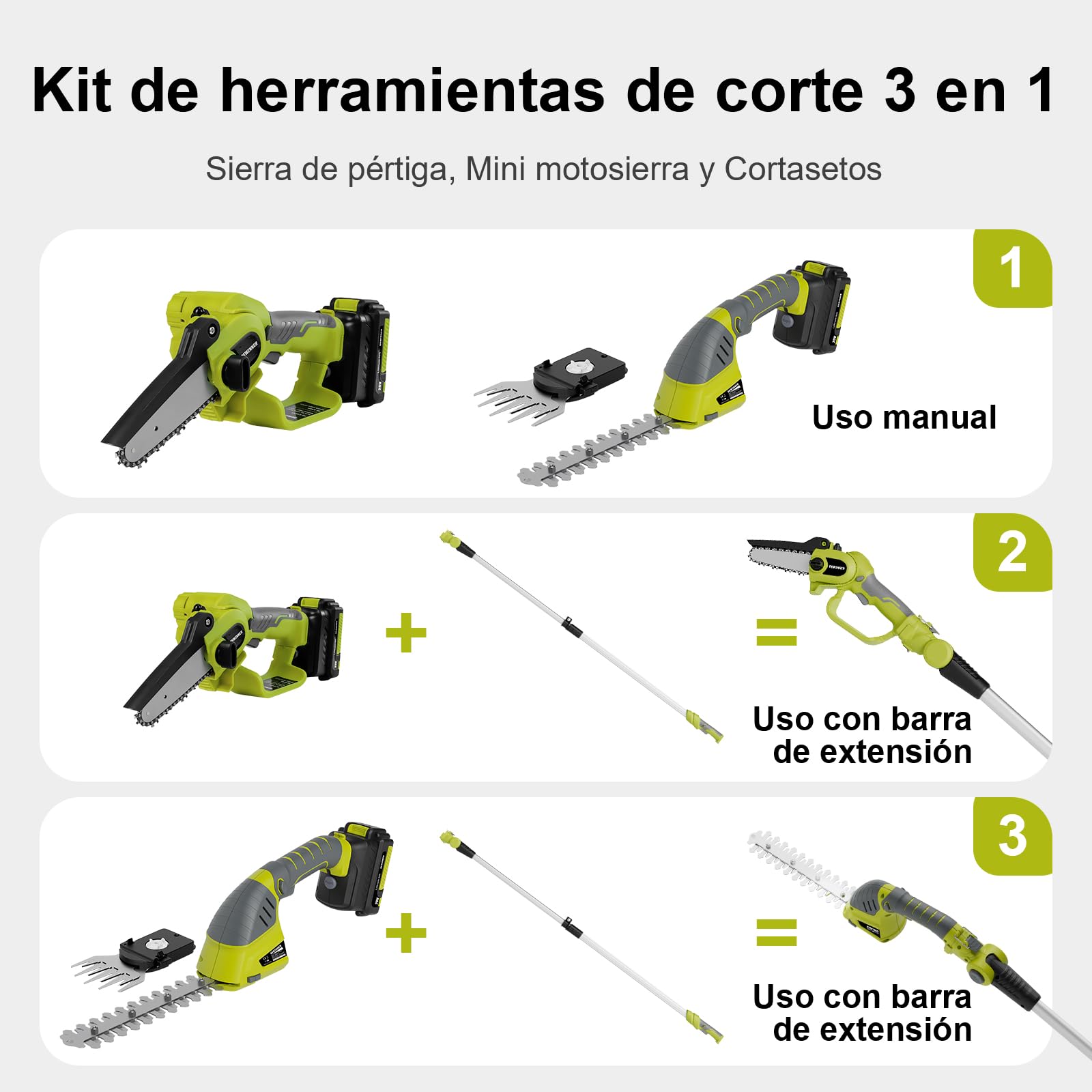 DEWINNER Tijera de Podar 3 en 1 Telescópica con Motosierra Eléctrica - Interruptor de Seguridad, Alcance de 2.54 Metros, Hojas de 240 mm Y 120 mm, Cabeza Ajustable 135°