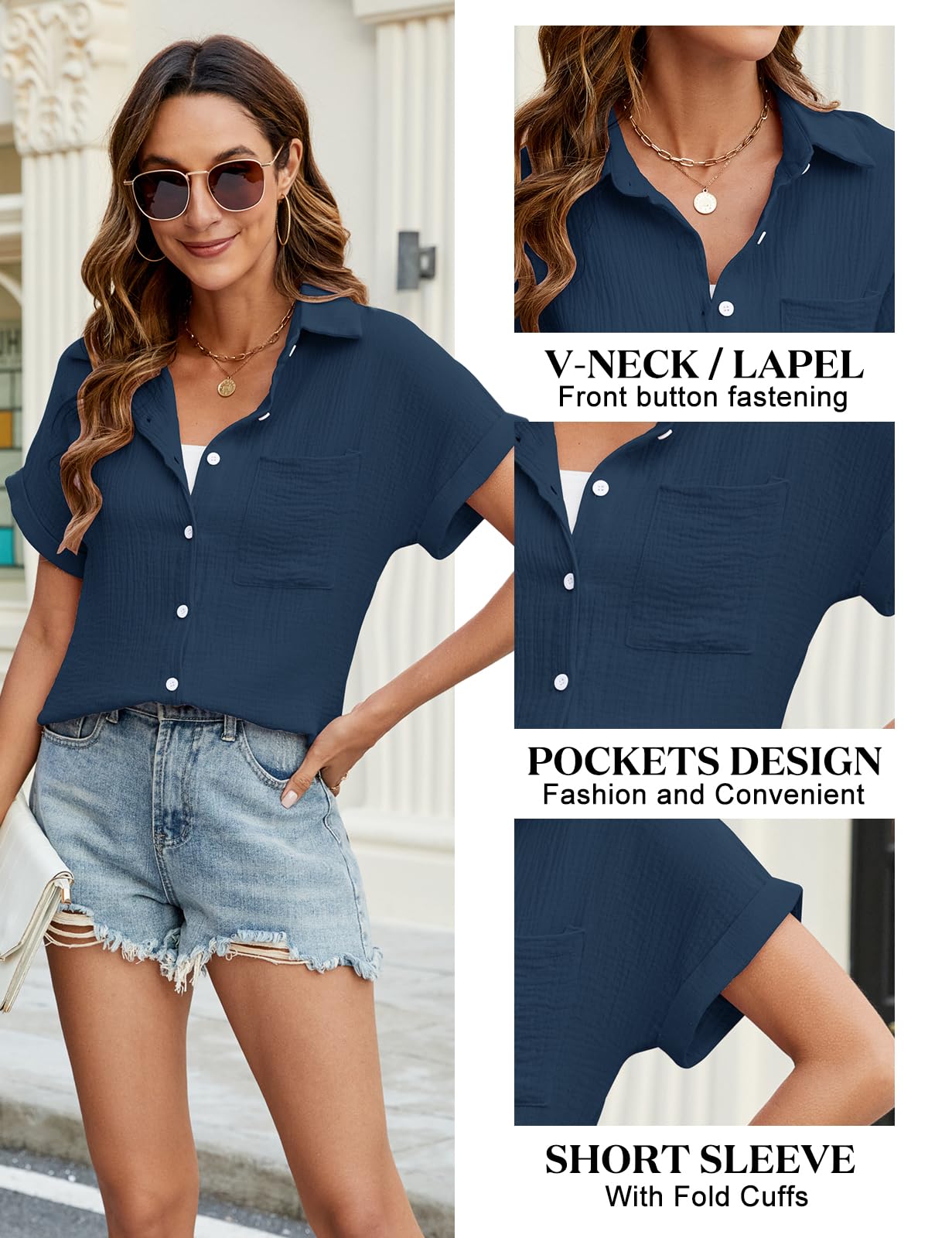 Bluzka damska na lato, elegancka, dekolt w serek, na guziki, na co dzień, bawełna, krótki rękaw, bluzka koszulowa, basic, revers, koszula, topy, tunika, topy