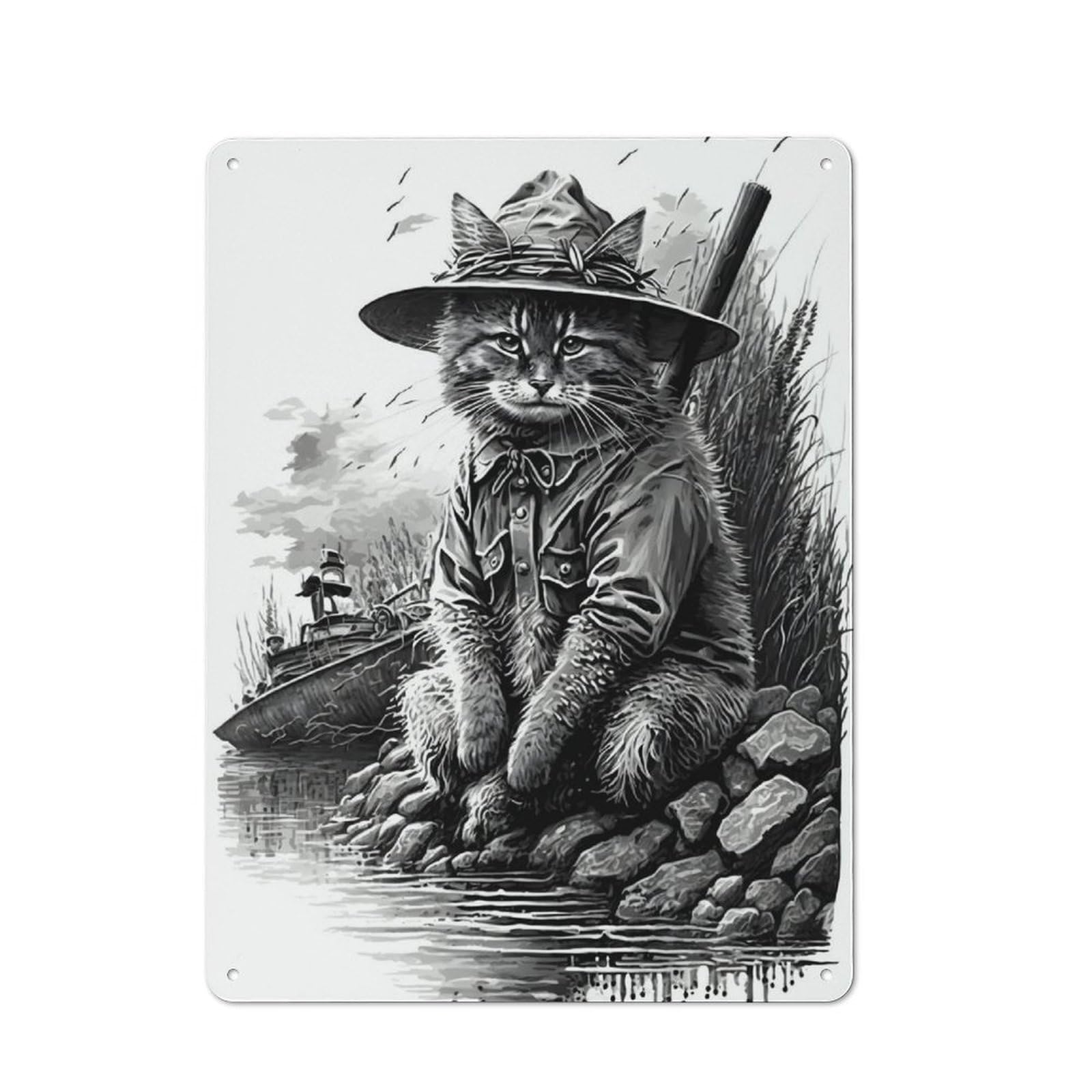 40x30cm Rustic Metal Sign with Fisherman Cat Portrait for Kitchen Or Home Bar, for Metal Sign Collectors, for Garage And Workshop Walls