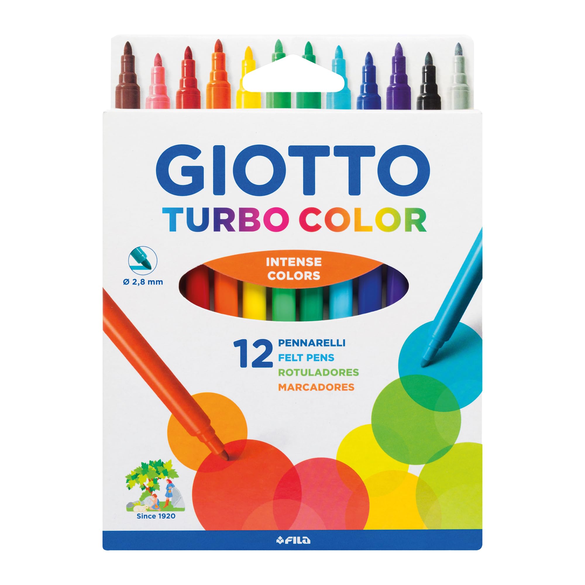GIOTTO Turbocolor Felt Tip Fibre Pens, Fine Tip Nib 2.8mm, 12 Assorted Colours, For Children, Parties and Schools