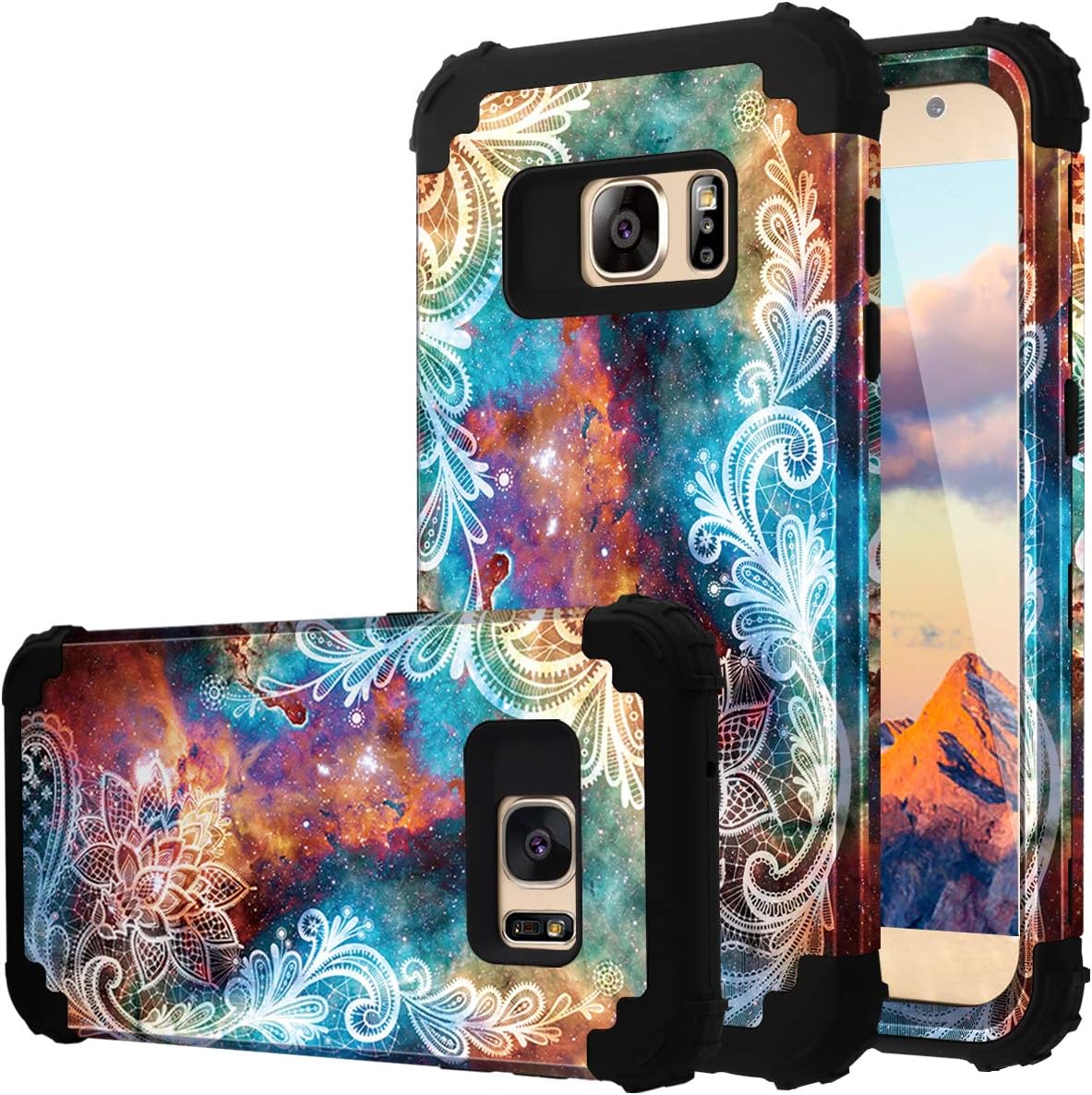 Galaxy S7 Case, S7 Case, Fingic Floral 3 in 1 Heavy Duty Protection Hybrid Hard PC & Soft Silicone Rugged Bumper Anti Slip Full-Body Shockproof Protective Case for Samsung Galaxy S7 G930, Mandala