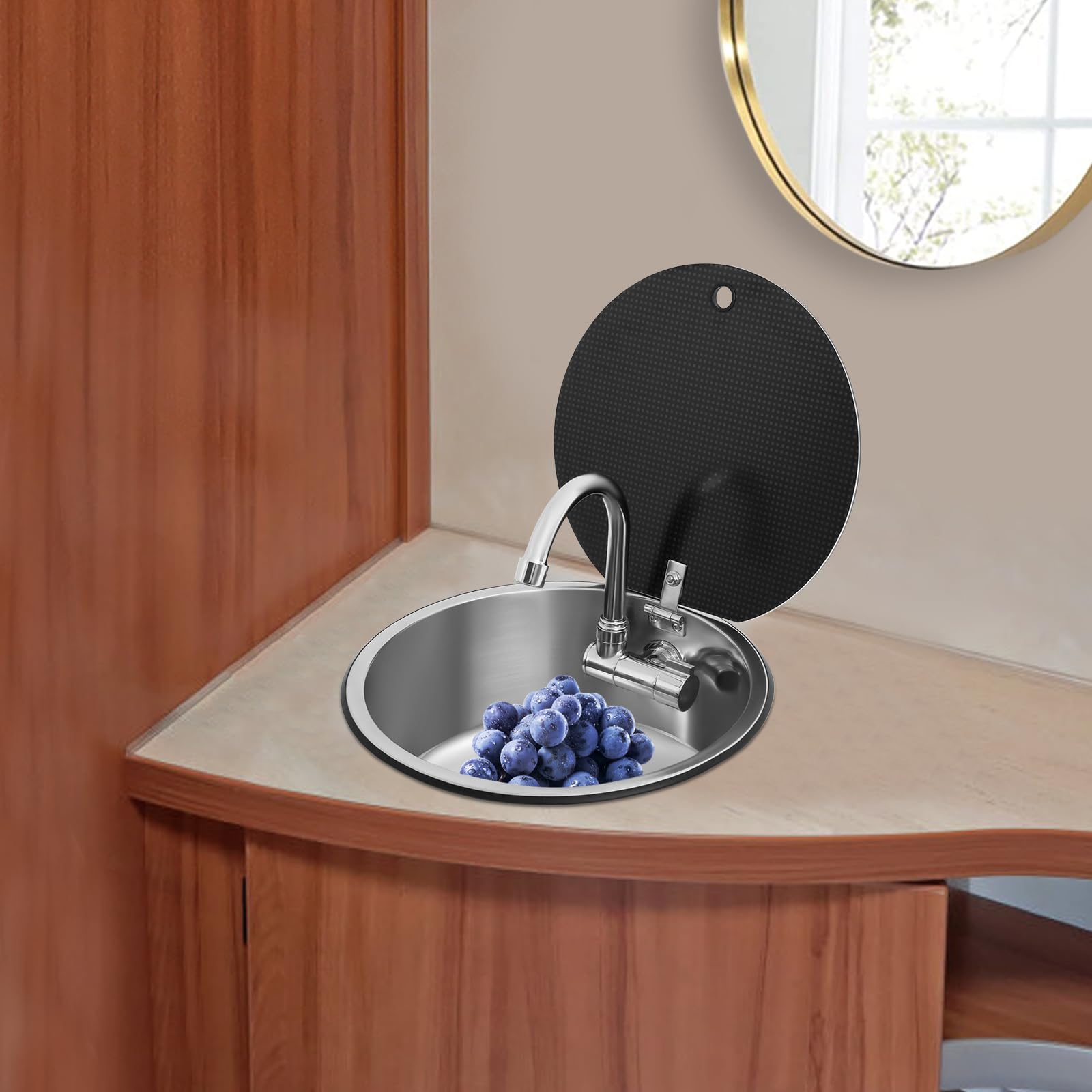 Lavabo de cocina RV, de acero inoxidable, 34 x 34 cm, redondo de acero inoxidable 304, grifo plegable, con manguera de desagüe y mangueras de entrada, para caravanas, barcos y cocinas pequeñas