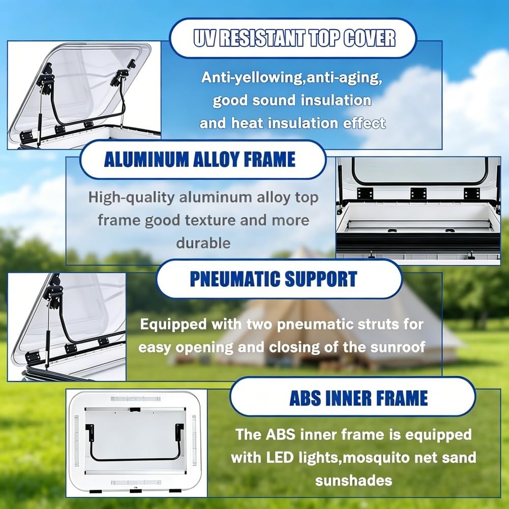 Klapa wentylacyjna do kampera z oświetleniem LED, ze stopu aluminium, uniwersalne okno dachowe kampera i kampera, pasuje do grubości ściany 25-60 mm, duża konstrukcja dla optymalnej wentylacji