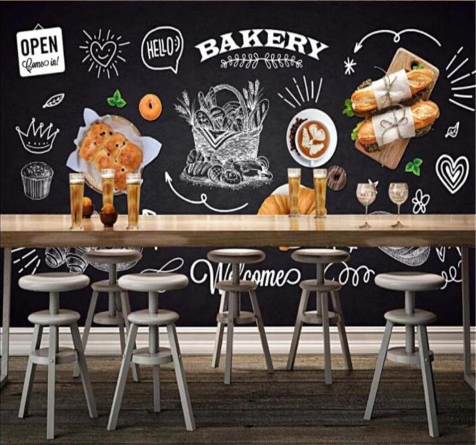 Xlming 350Cm×256Cm(B×H) Chalkboard Hand Drawn Bakery Cake Shop 3D Wallpaper Luxury Silk Study Dining Feature Sofa Grey Bedroom Living Room Tv Decorative Wall-350Cm×256Cm