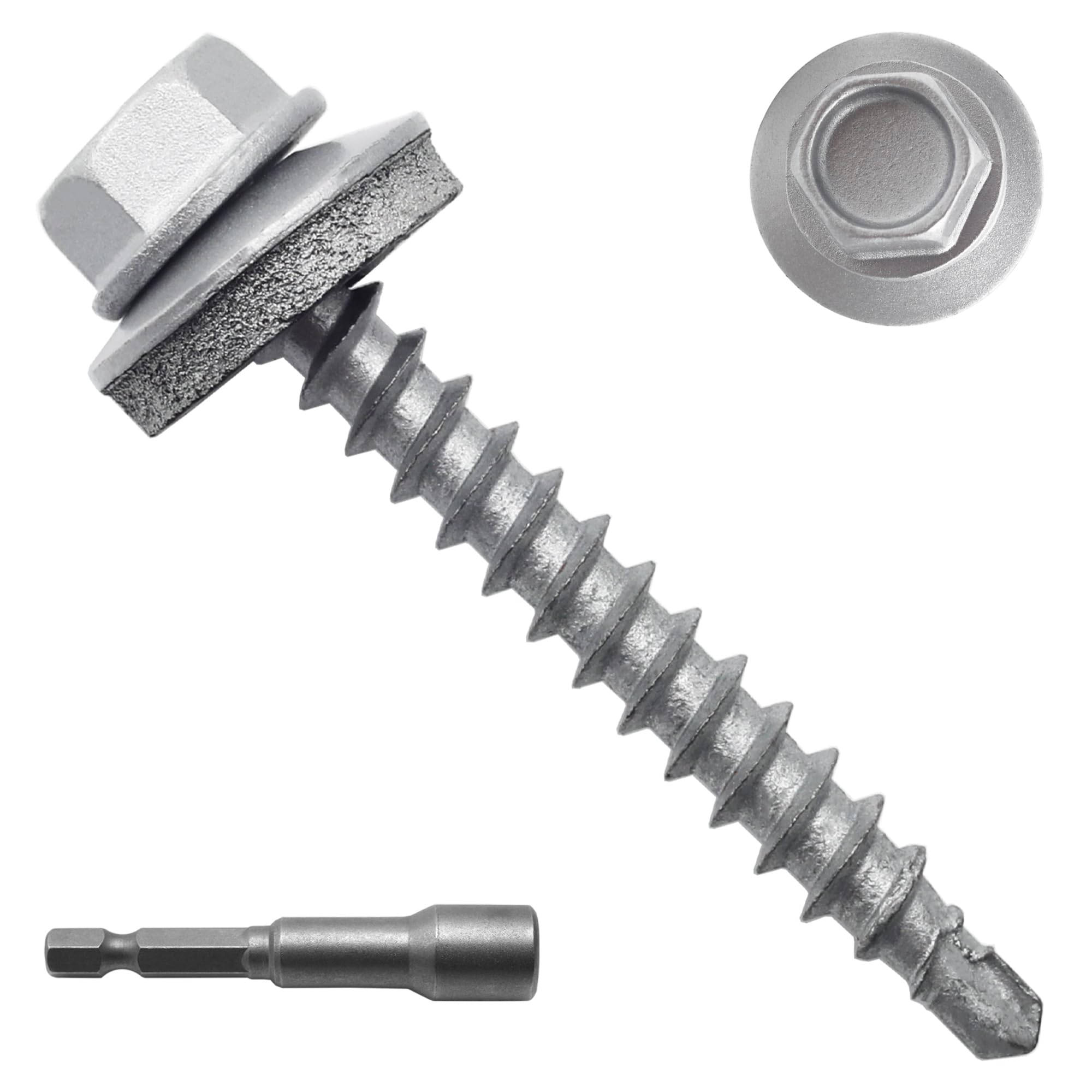 250pcs #10 x 1-1/2" Galvanized Hex Head Self-Drilling Metal Roofing Screws, EPDM Washer, No Paint, Sheet Metal Roof Screw with Hex Driver Bit