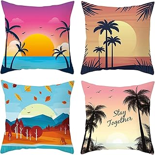 KnBoB Housse de Coussin Décorative 40x40cm en Polyester 4 Pcs Cocotier Soleil Feuille Oiseaux Stay Together Ensemble 7