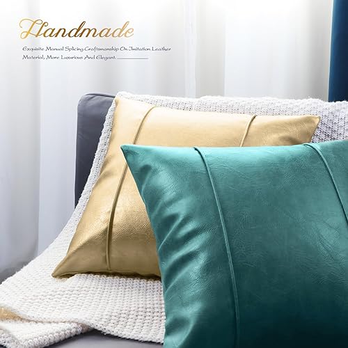 Miniatura 4 de BRAWARM Fundas de almohada de cuero verde azulado de 22 x 22 pulgadas, funda de almohada de piel sintética con ribetes, almohada de cuero cosido a