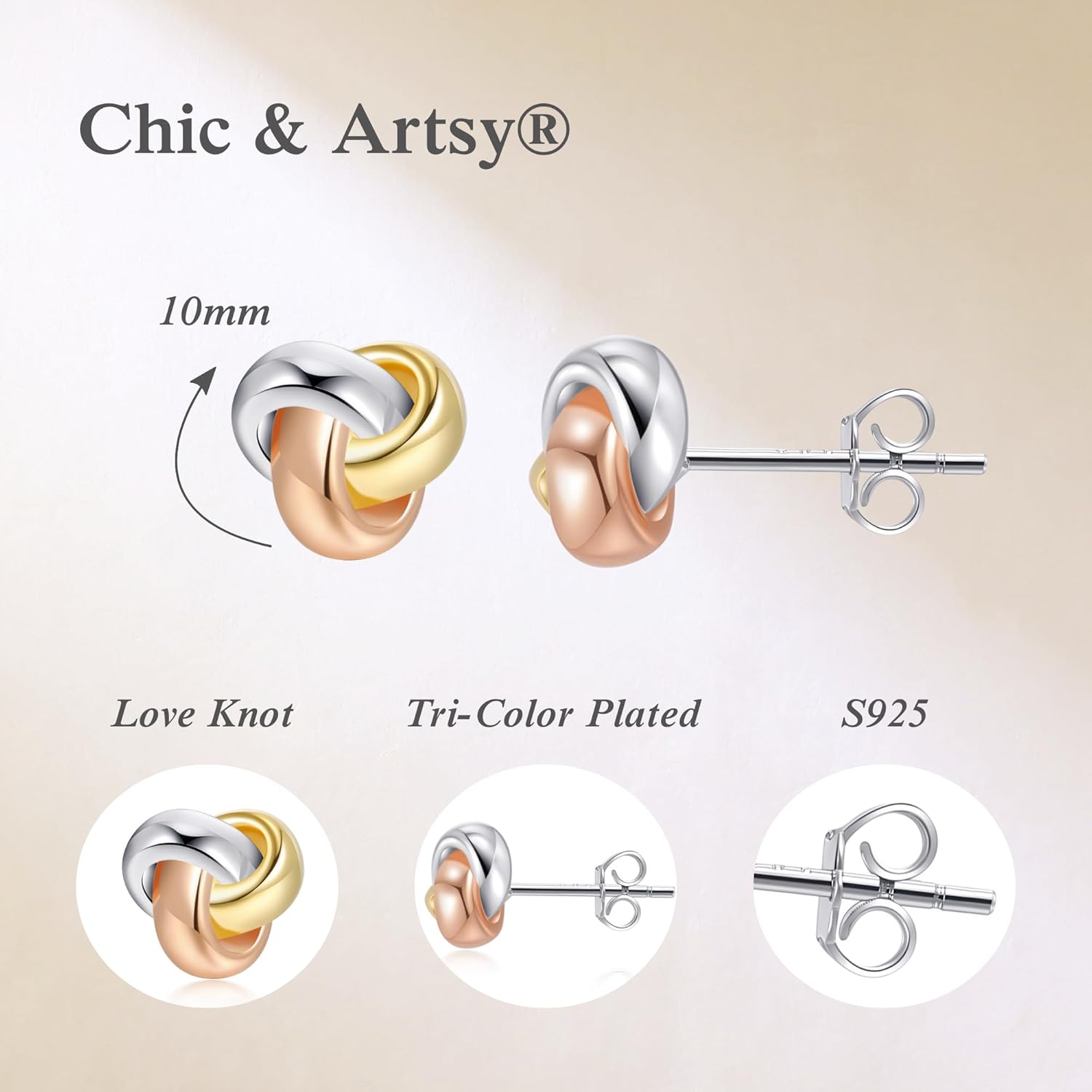 CHIC & ARTSY Love Knot Earrings 18K Gold Plated 925 Sterling Silver Tri-tone White,Yellow,Love Knot Stud Earrings Dainty 8mm 10mm High Polished Stud Earrings for Women - Image 6
