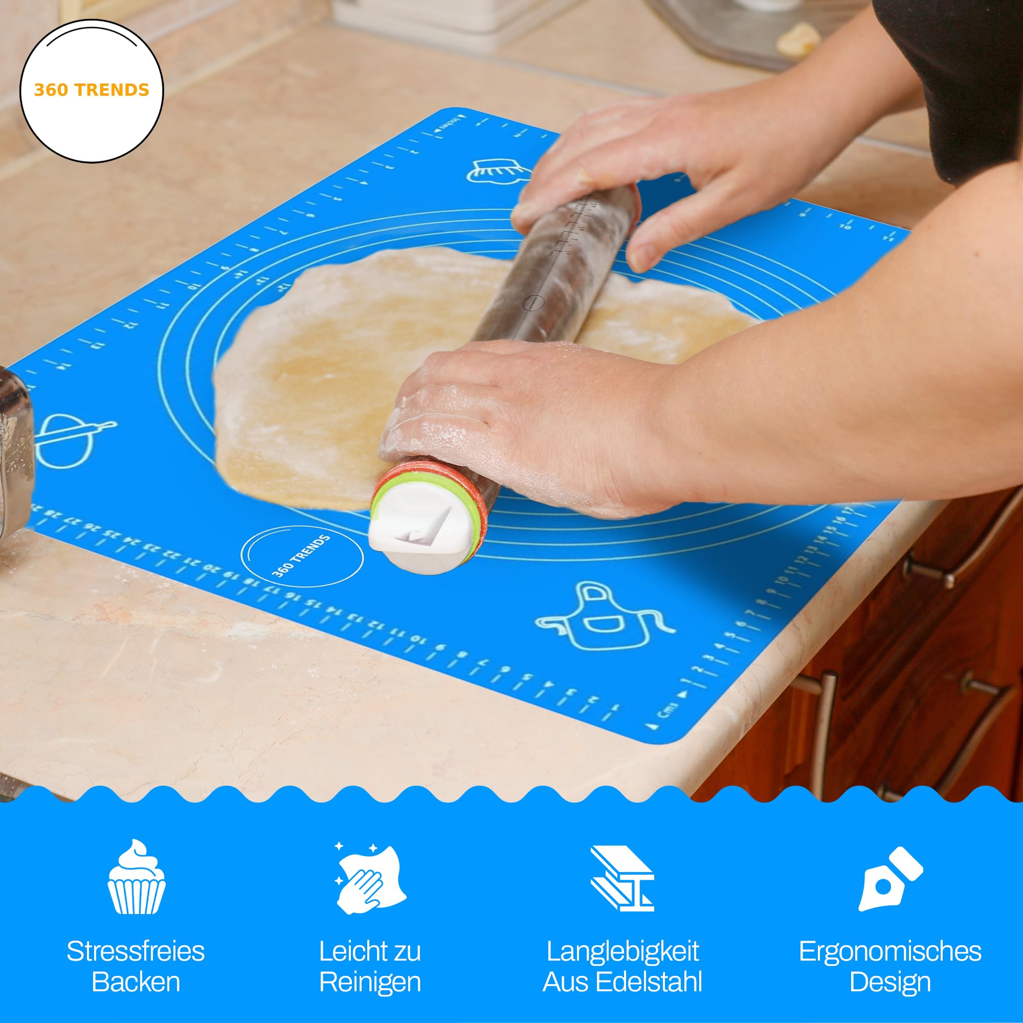 Rodillo de masa de acero inoxidable con anillos de grosor ajustables y alfombrilla de silicona para hornear, antiadherente, apto para alimentos, perfecto para galletas, pizzas y repostería,