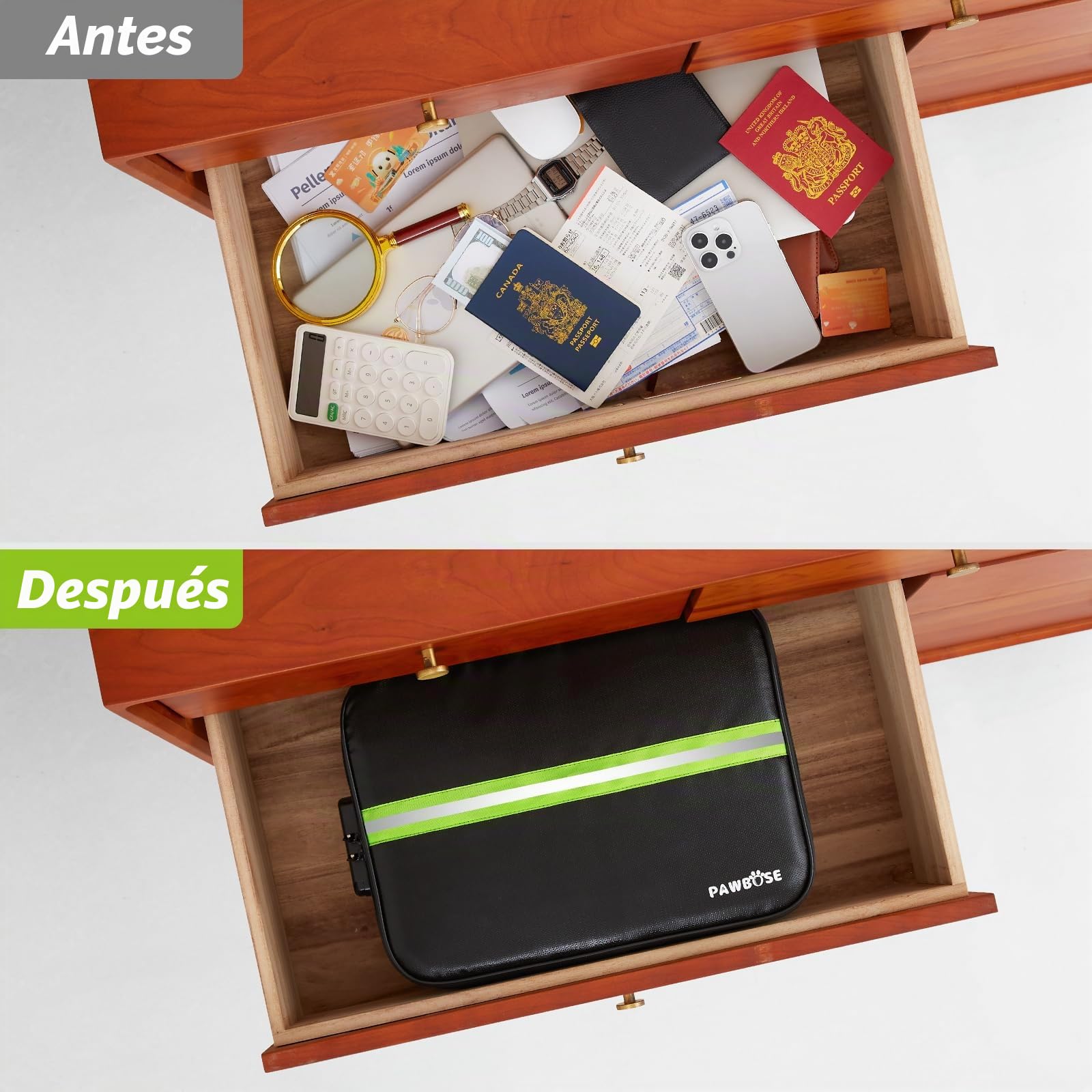 PAWBOSE Caja Fuerte Ignífuga con Cerradura, Bolsa para Documentos Ignífuga, Tarjeta, Certificado Importante con Organizadora de Varias Capas, Bolsa de Documentos para el hogar Oficina Viajes