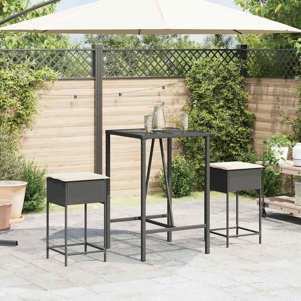 Ogrodowe stołki barowe z poduszkami 2 szt czarne polirattan zestaw hokerów ogrodowych z poli rattanu na taras balkon z wyściełanym siedziskiem 40x40x76 cm solidna stalowa rama obciążenie 110 kg