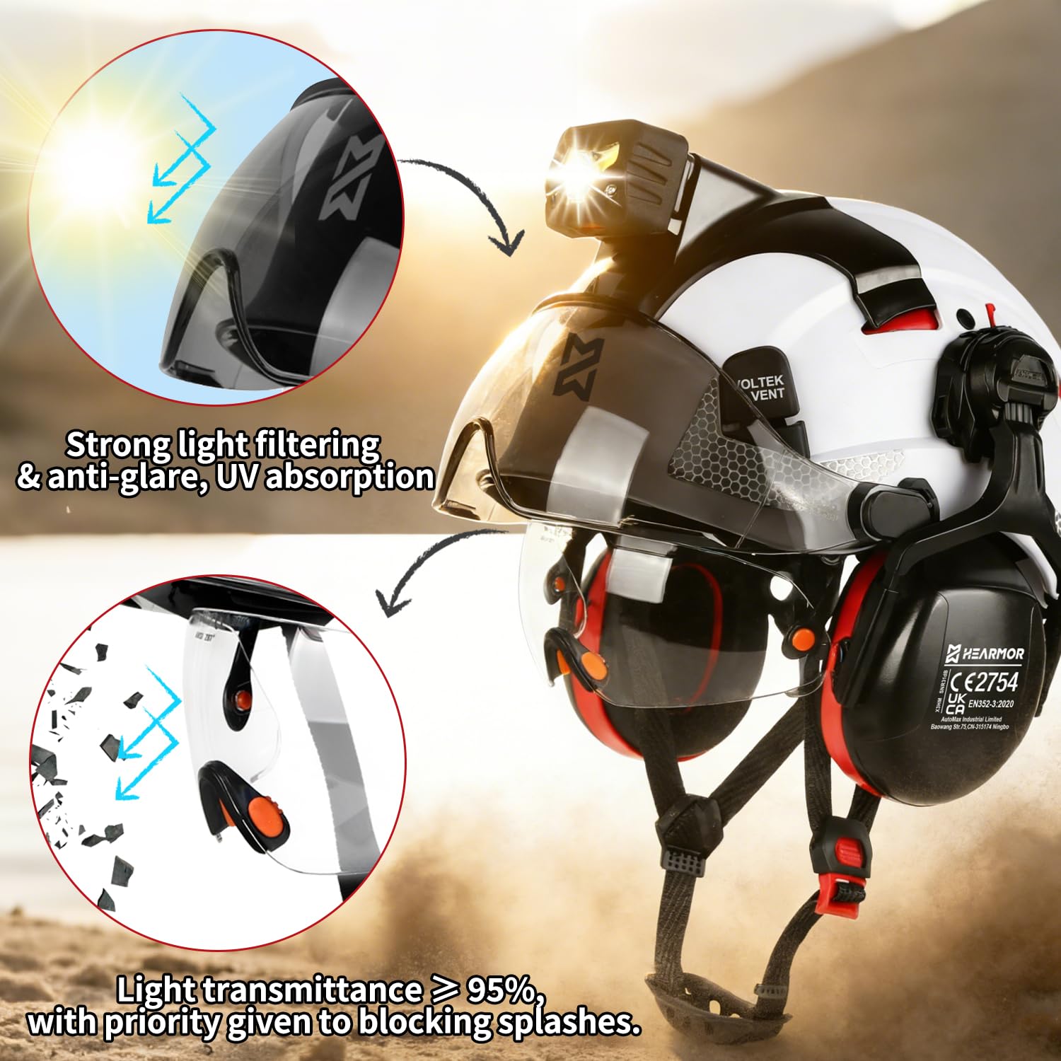 HEARMOR VOLTEK Casque de protection industriel certifié CE EN397 avec lampe frontale LED + visière et protection auditive | Pour travaux forestiers, travaux de construction et escalade | Casque de