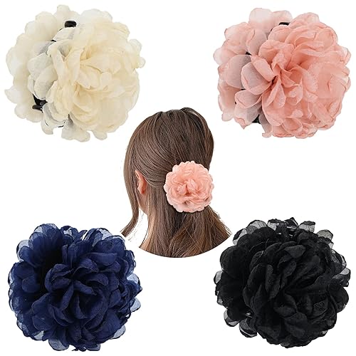 Cinaci 4 Pack Large Tulle Gauze Ruffle Rose Flower Plastic Hair Claws Clips Big Silk Fabric Floral Hair Bow Jaw Barrettes Clamps Bun Updo Holders Decorative Fancy Hair Accessories for Women Girls - Ivory, Pale Mauve, Navy, Black