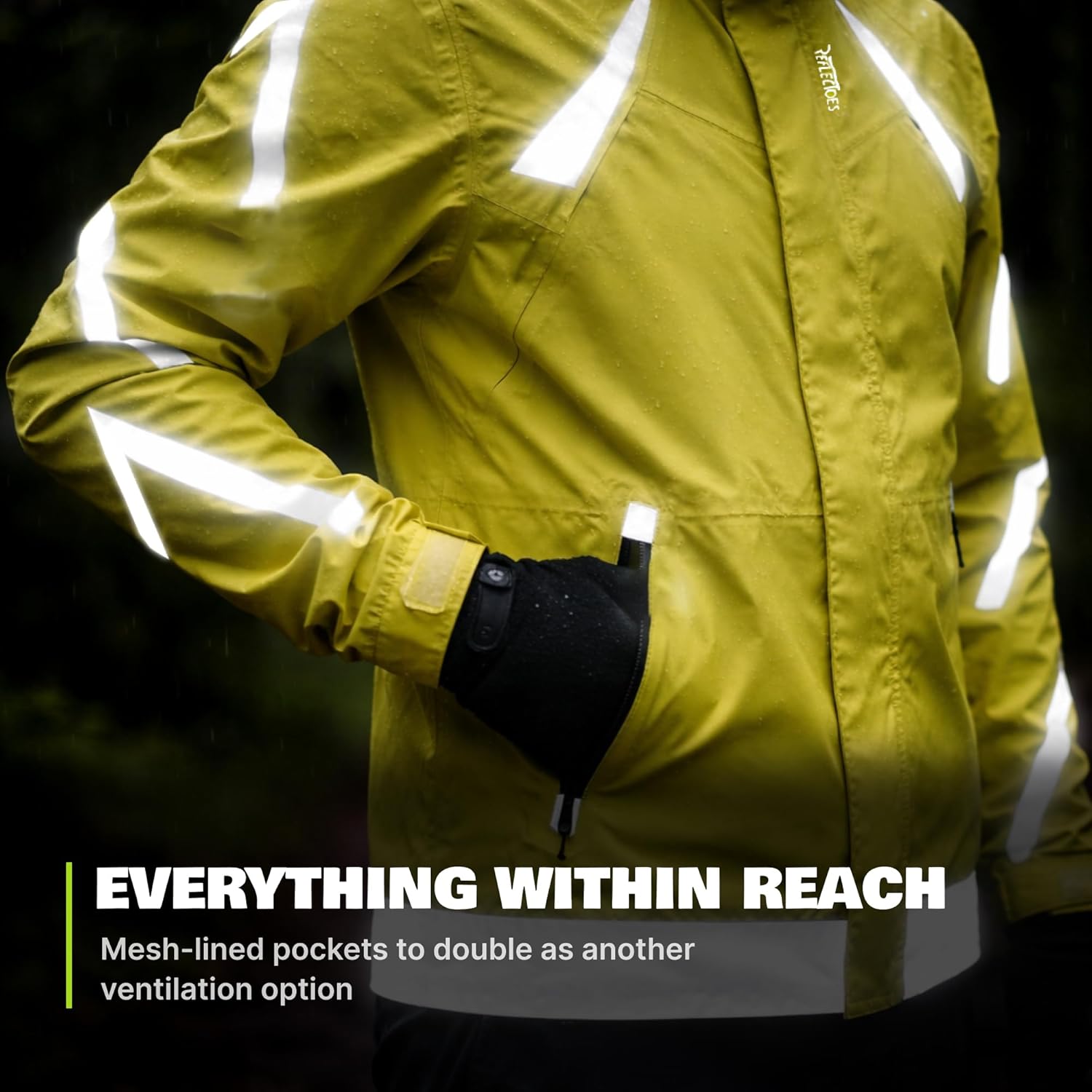 ReflecToes Hi-Vis Rain Jacket 360° Retroreflective, 15,000mm Waterproof, Vented, Helmet Hood