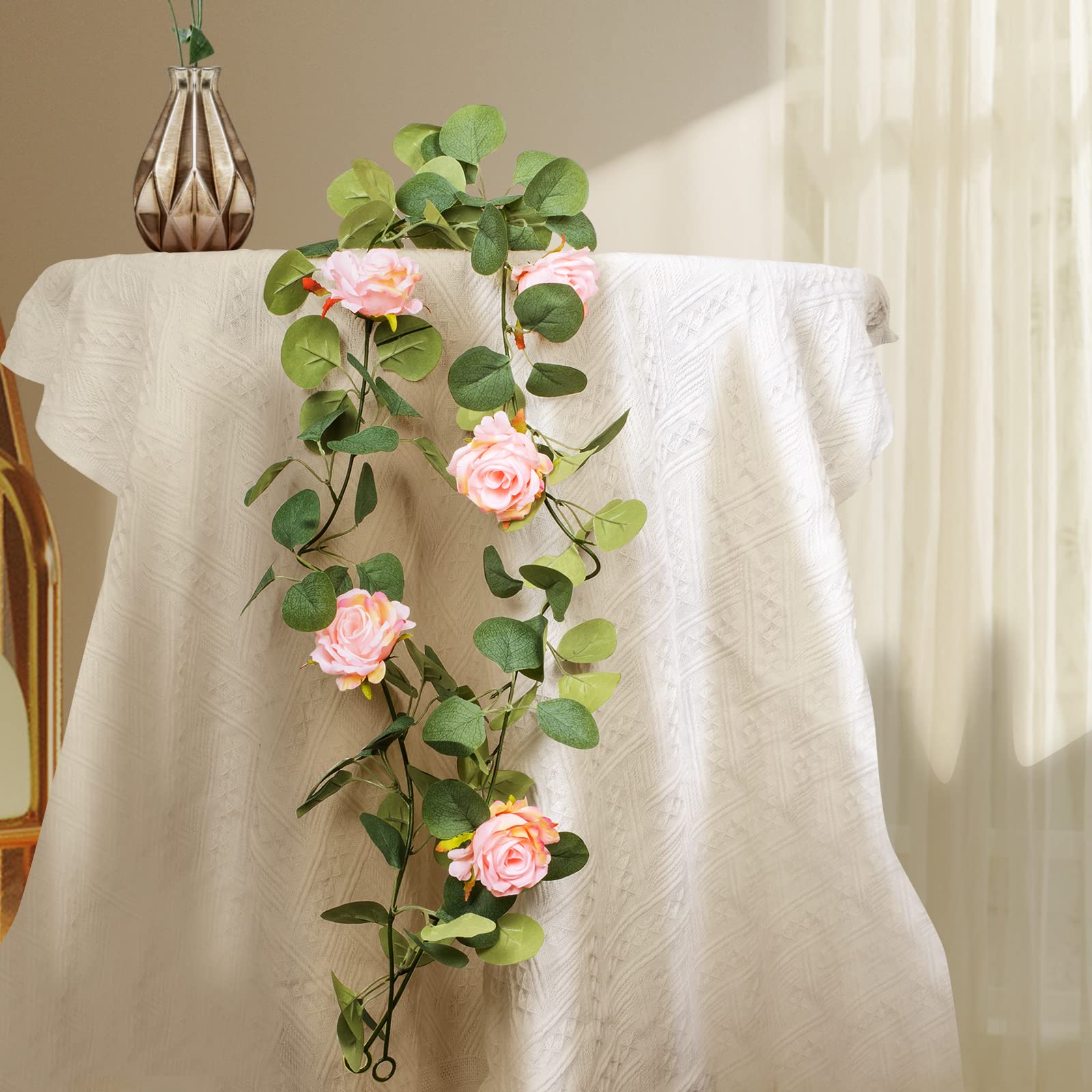 UCHUANG2 PCS Flowers Artificial Rose Vine, 67 Inch Long Garland Green Eucaly Leaf Plants Silk Fake Flowers Hanging for Home Wedding Decoration, Garden Tree Patio Wall, New Year Birthday Party - Pink