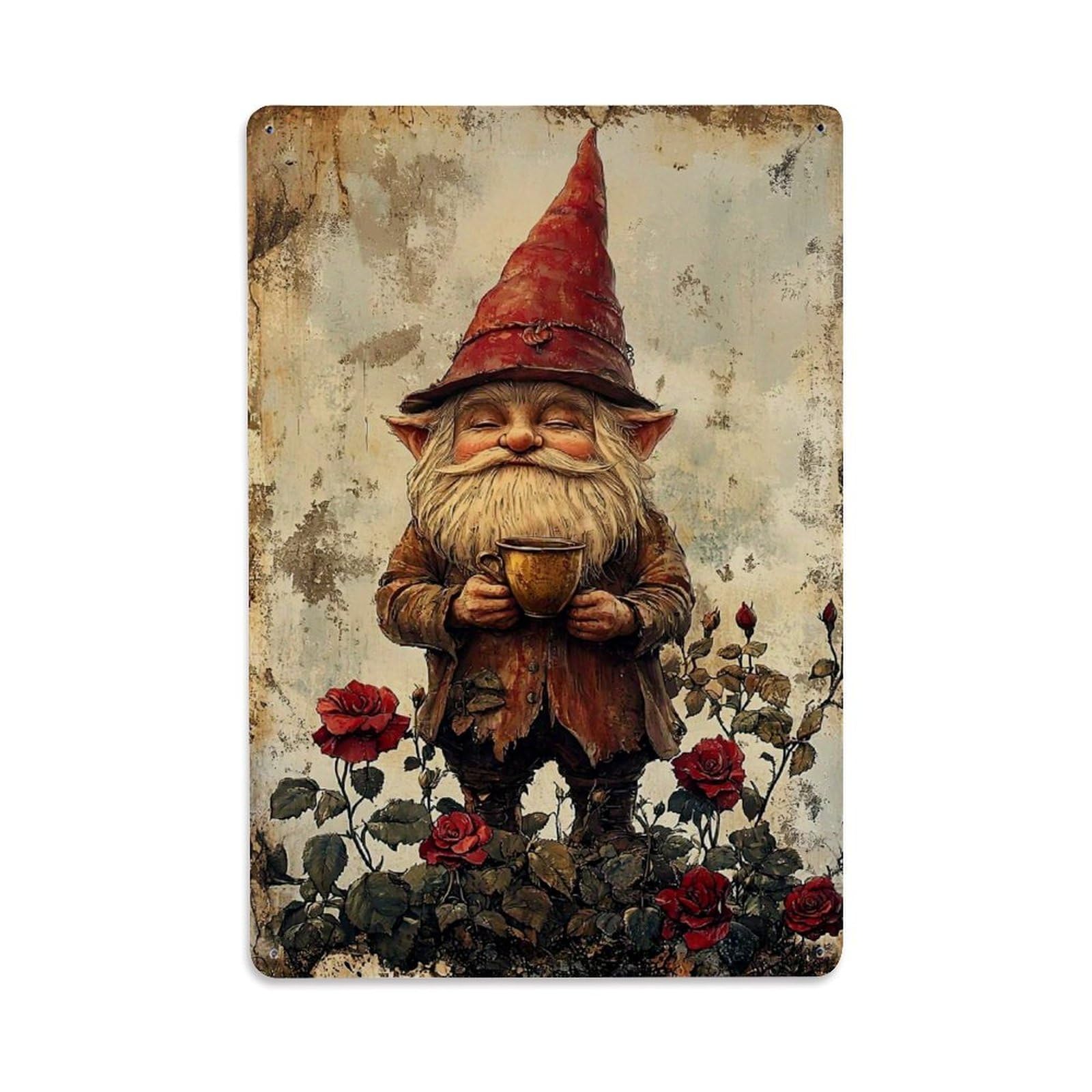 Garden Gnome With Roses And Tea Retro Metal Tin Sign, Vintage Decor Art Poster for Bar, Home, Man Cave, Kitchen, Laundry Room Gift 8x12Inch