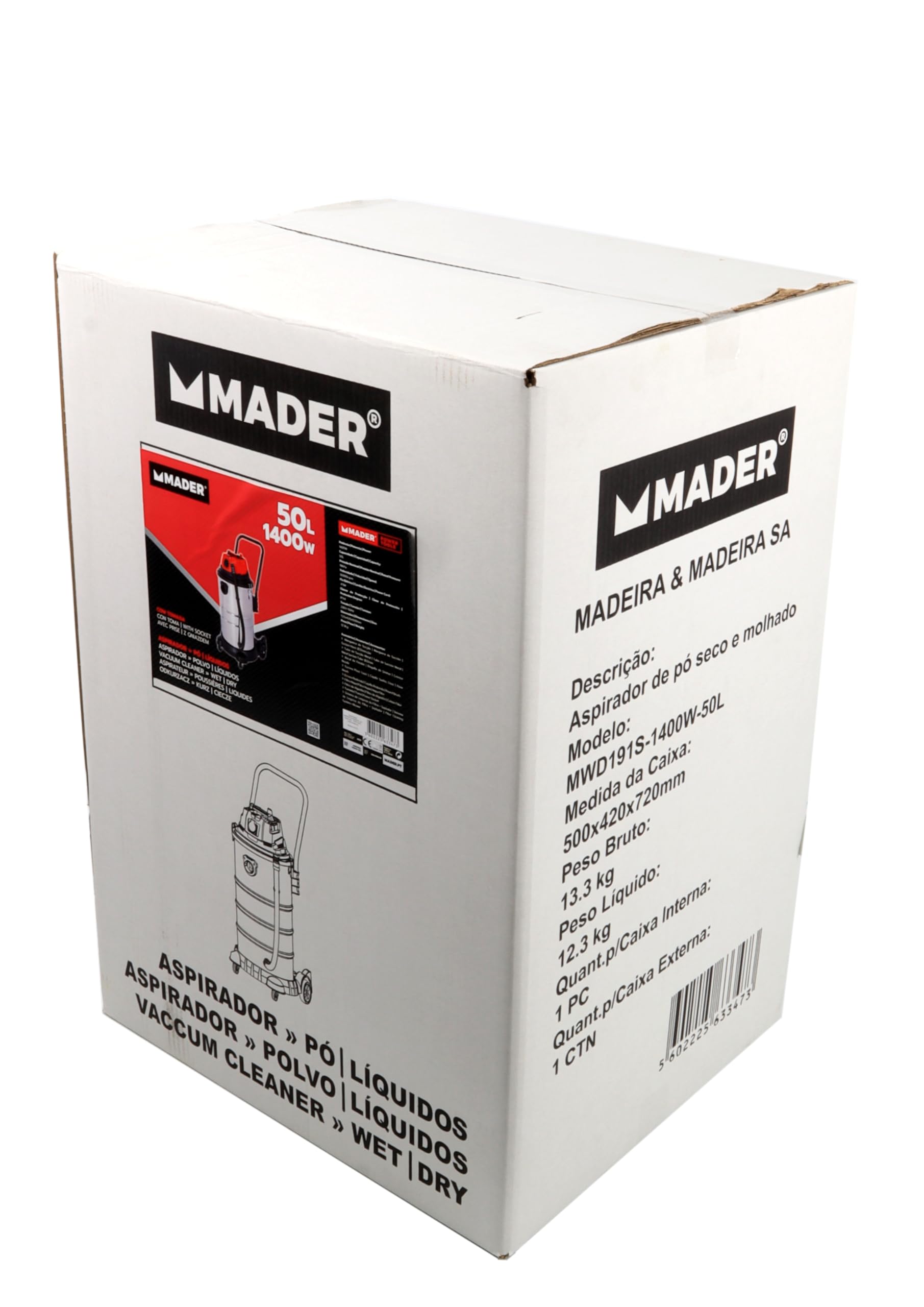 Mader Power Tools Aspirador Polvo/Liquidos, 1400 W, 50 litros, 2 Velocidades, Rojo